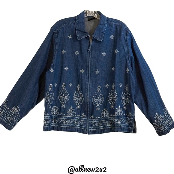 Erika Boho Zippered Embroidered Jean Jacket Silver Threading W / Turquoise Sz XL - Picture 2 of 16